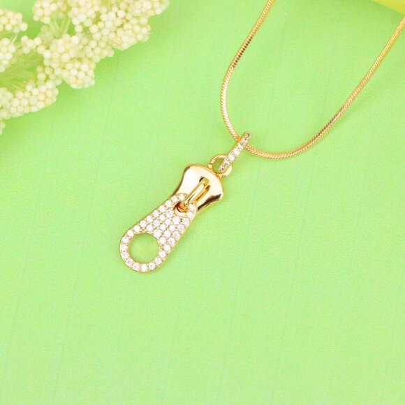 "Stylish Rose Gold Zipper Shape Pendant with Sparkling Stones, XPPT1477 - Picture 3 of 13